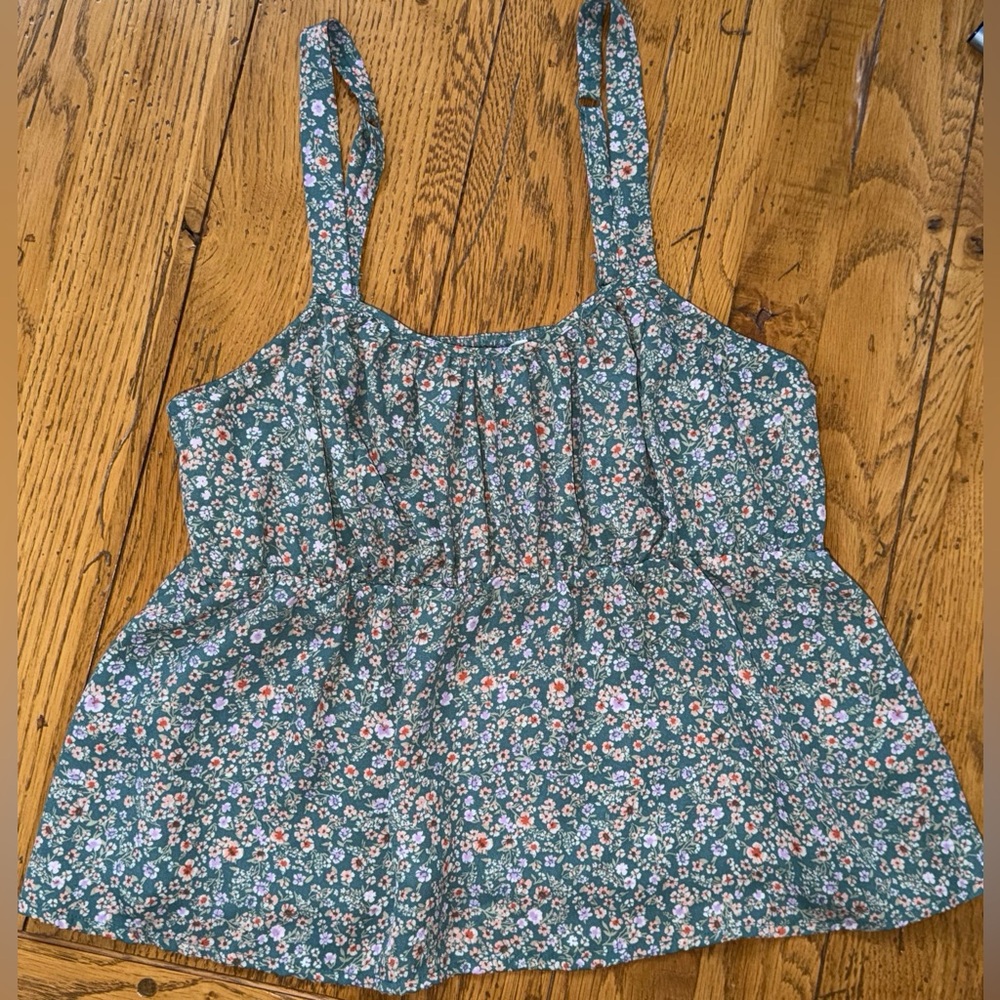 Pink Rose sz Small Floral Green Sleeveless Top adj. straps
